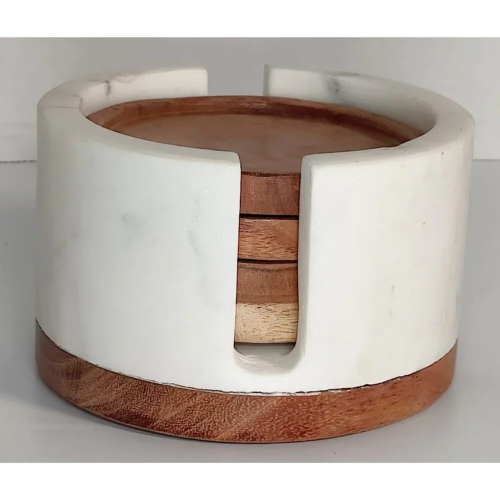 Etched B Monogram Wood Coasters Set with White Heavy Marble Holder Wood Base
